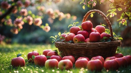 Aufkleber - Organic Apples in a Basket outside. Garden. Harvest season theme. Collecting red apples.