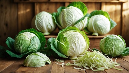 Poster - organic white cabbage on wooden table