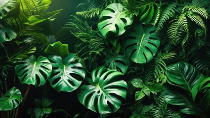 Poster - Close-up view of nature featuring green leaves against a palm backdrop. Flat lay, dark nature theme.