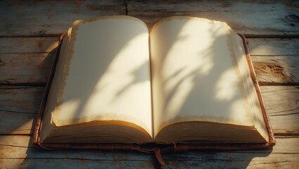 Poster - Open blank pages of an antique book resting on a wooden surface.