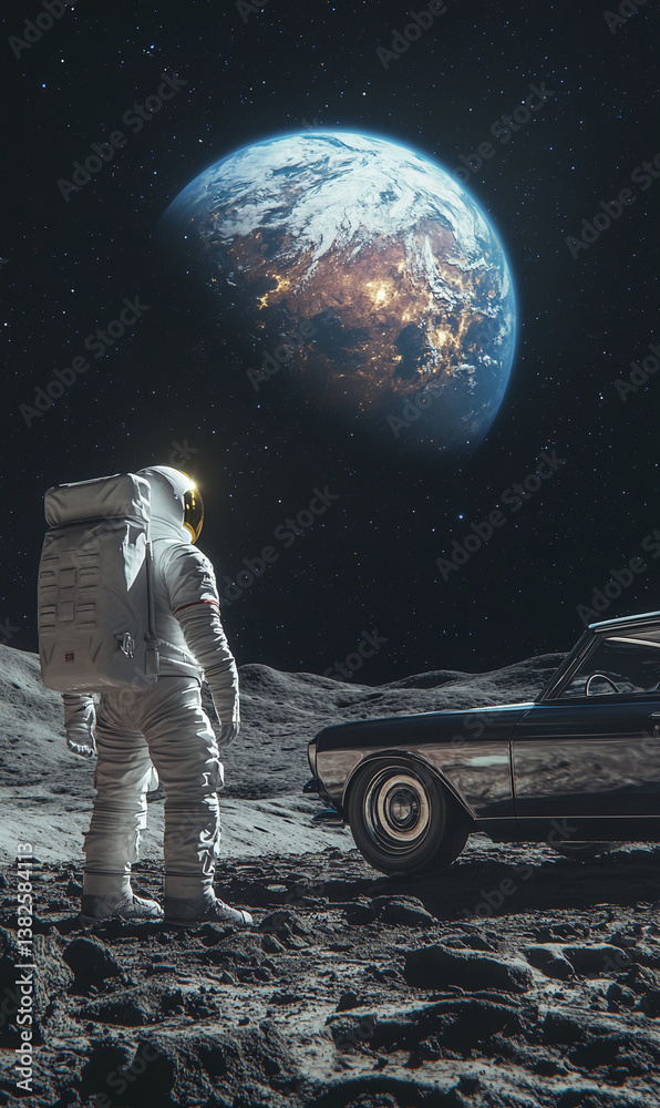 Astronaut on the moon staring at earth with a car parked next to him in ...