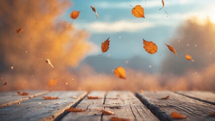 Poster - orange autumn leaves in forest and aged wooden board, natural background of fall