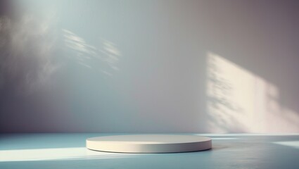 Aufkleber - White abstract background in an empty room featuring a plaster wall and floor, with summer sunlight casting shadowsâ€”white light illuminating a cozy, abstract interior and a display podium stage.