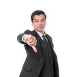 © suphaporn - Businessman Showing Thumbs Down Gesture- Confident Professional Man in Black Suit Expressing Disapproval or Negative Feedback, isolated on a transparent background for Corporate Concept, Communication