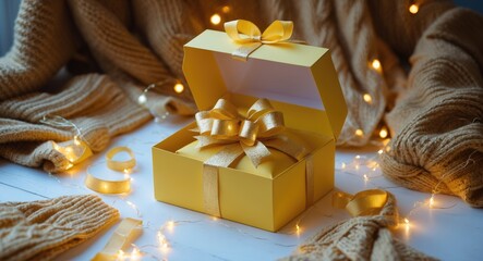 Aufkleber - Open empty gift box on white table. Colorful present with ribbon bow on holiday. Yellow gift box featuring a yellow and golden ribbon bow gift.