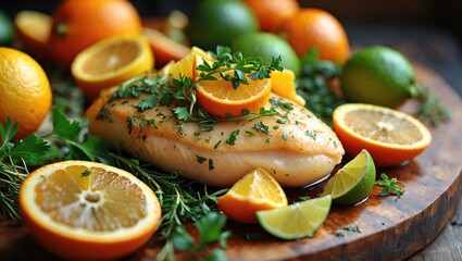 Aufkleber - Oven-roasted chicken breast served with citrus fruits and fresh herbs.