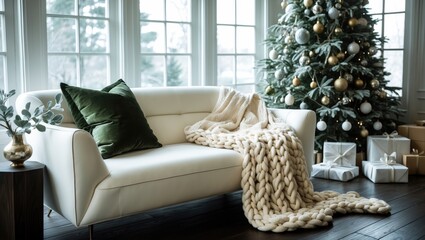 Aufkleber - Chic living area adorned for the holiday season, featuring a sofa, festive tree, and gifts. The minimalist design with golden and white hues fosters a cozy, welcoming atmosphere.
