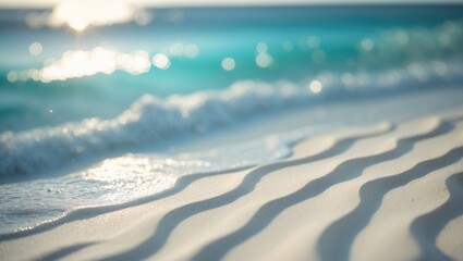 Poster - Panorama of a stunning white sand beach and turquoise waters. Summer holiday beach backdrop. Sea waves on the sandy shore.