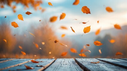 Poster - orange fall leaves in forest and weathered wooden board, autumn natural scenery