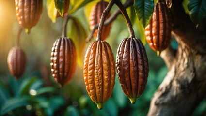 Aufkleber - Cacao pods in orange color hanging on a tree in a sunny environment.
