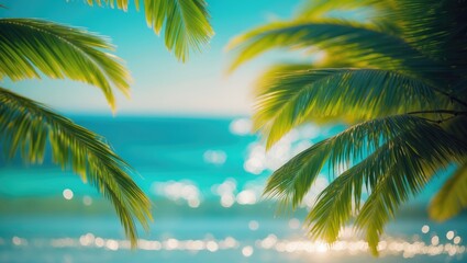 Poster - Panorama of a blurred blue sky and ocean featuring bokeh light and palm tree leaves. Tropical summer landscape. Concept of summer vacation.