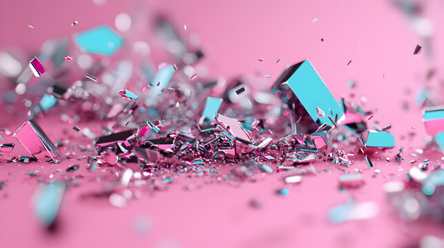 Shattering Geometric Shapes Exploding on Pink Background