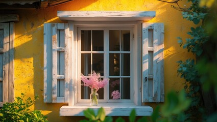 Poster - open window featuring flowers on the windowsill