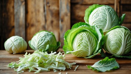 Poster - organic white cabbage on wooden surface