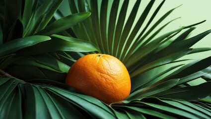 Poster - Orange fruit surrounded by palm leaves backdrop