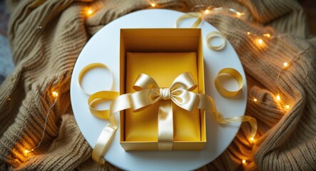 Aufkleber - Open empty gift box on a white table. Colorful present with a ribbon bow for the holiday. Yellow gift box adorned with a yellow and golden ribbon bow.