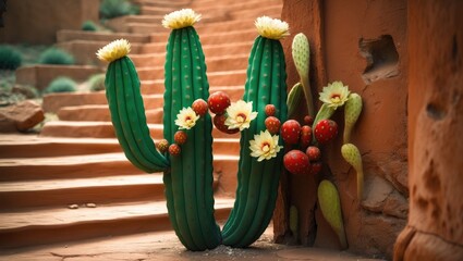 Poster - Opuntia cactus is connected with culture and traditional medicine as well as shamanic rituals. When mature, it will produce flowers and fruits. Large cactus positioned in front of a colorful wall.