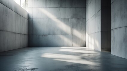 Poster - A sleek, contemporary interior area featuring a wall and a floor. Sunlight filters through a window, creating elongated shadows on the floor.