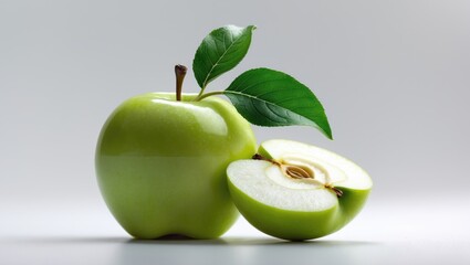 Aufkleber - One green apple and a quarter slice set against a white background with a clipping path.