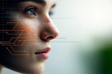 Poster - Digital Connection: A portrait of a woman blends human beauty with digital technology. A person's side view of a female, showcasing a thoughtful gaze, merging seamlessly with a digital circuit design