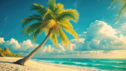 Aufkleber - Palm Tree. Summer Background Beach Ocean Waves. Resort Vacation Travel Tourism Relaxation Hotel Clouds Sky Nature Island No One Empty Copy Space Advertisement Design.