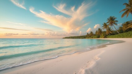 Poster - Fantastic closeup panorama of a sea wave beach. Dramatic romantic colorful sunset with coconut palm trees and cloud sky. Best tropical coast with sunlight reflection silhouette, breathtaking nature...