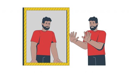 Poster - Low self esteem mirror 2D animation. Insecurity, inner critic. Mental health. Black man facing harsh negative self-image animated character cartoon flat concept metaphor 4K video isolated on white