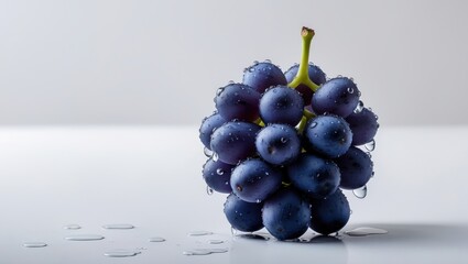Poster - One harvested dark blue grape with water droplets set against a white background.
