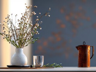 Poster - Still Life with Floral Arrangement: A serene still life composition showcasing a delicate floral arrangement in a vase, accompanied by a glass, a small plate, and a rustic jug, all bathed in soft.