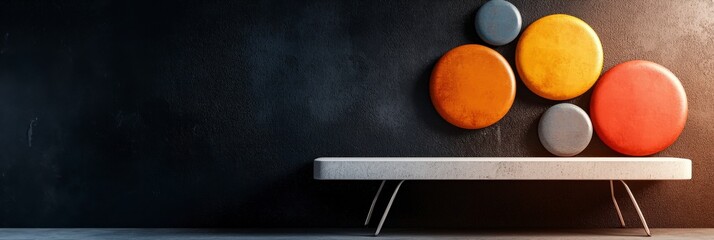 Poster - Modern Geometric Design: An abstract composition featuring a minimalist white bench against a dark background, adorned with vibrant, circular shapes.