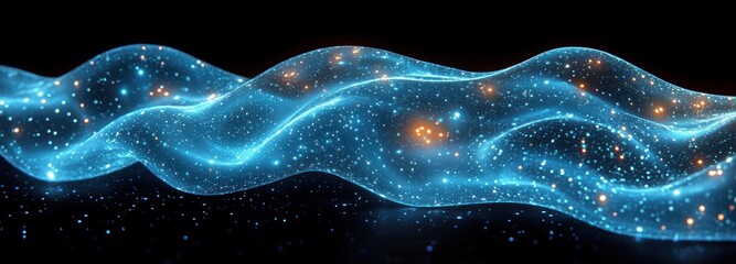 Aufkleber - Futuristic Abstract Digital Wave of Glowing Turquoise Particles in a Dark Background