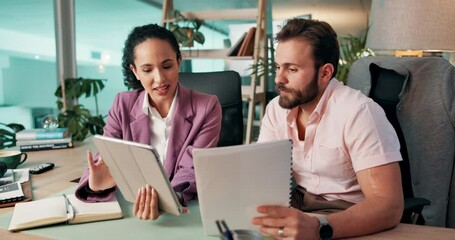 Poster - Collaboration, documents and tablet with business people in office together for financial report. App, conversation and paperwork with employee team in workplace for administration or discussion