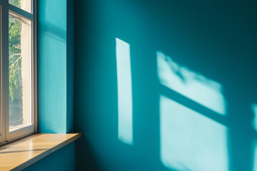 Poster - window light casting shadows on a turquoise wall in an empty room