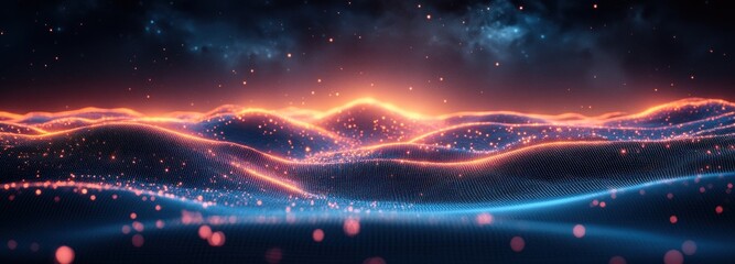Fototapete - Futuristic Digital Landscape Cyberpunk Aesthetics Glowing Gridlines Technology Connection 3D Depth Minimalist Design