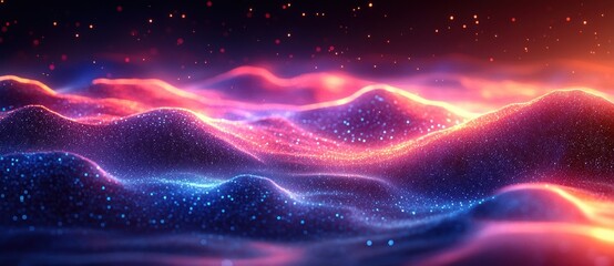 Poster - Futuristic Abstract Landscape of Glowing Blue Dots Dynamic Waves Minimalistic Design Digital Art