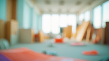 Aufkleber - Blurred interior of an empty room with white walls and panoramic windows at a renovation construction site.