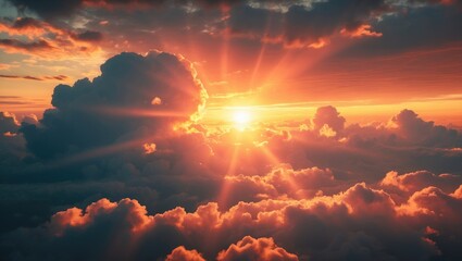 Wall Mural - Divine light shining through clouds of the warm sun. Concept of peace and happiness.