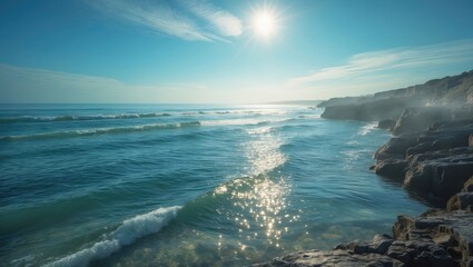 Wall Mural - experience the charm of bay beach featuring its sandy shore, scattered rocks in the ocean, a white c
