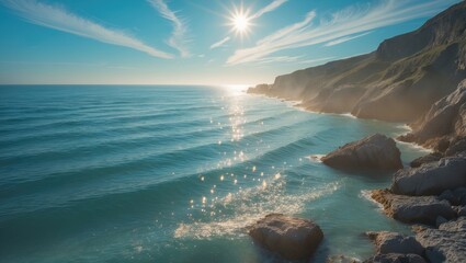 Wall Mural - experience the charm of bay beach with its sandy shoreline, scattered rocks in the water, a white cl