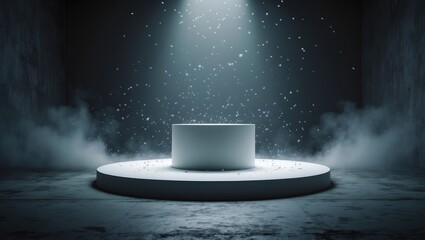 Aufkleber - Empty space of circular white pedestal in a dark studio room with a grungy black concrete floor backdrop featuring smoke and spotlight.