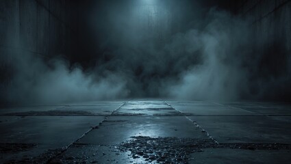 Aufkleber - Empty dark room with a concrete floor showcasing grunge texture in the background, illuminated by spot lighting and featuring fog or mist.