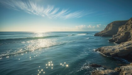 Wall Mural - experience the beauty of bay beach featuring its sandy shore, rocks scattered in the sea, a white cl