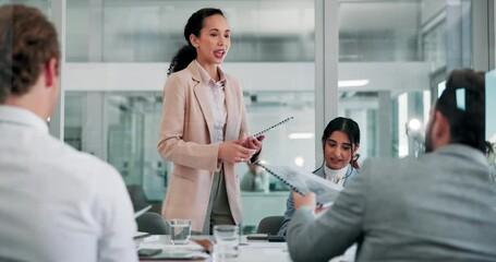 Poster - Meeting, paperwork and woman with report for business people for feedback, project and finance review. Professional, corporate and men and women with documents for discussion, teamwork and planning