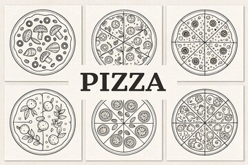  Six Delicious Hand Drawn Pizza Designs Featuring Various Toppings A Culinary Delight in Black and White Line Art Style