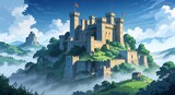 Ancient stone castle perched on hilltop surrounded by misty landscape anime cartoon style illustration artwork design background