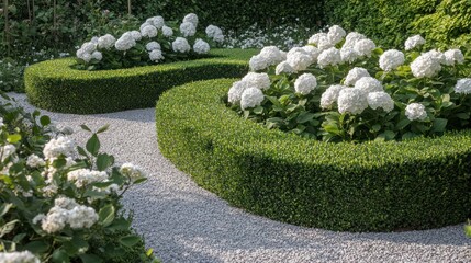 Formal garden with white hydrangeas and clipped hedges. Pathway and gravel.  Possible use Stock photography for garden design, landscaping, or floral displays