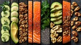 Many different types of food that are on a table omega-3 nutrition food background