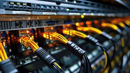 Poster - Close-Up View of Network Cables and Servers in a Data Center with Illuminated Indicators and a Dark Background for Technology and Connectivity Concepts