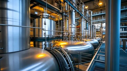 Poster - Industrial Facility with Steel Tanks and Pipe Infrastructure, Modern Manufacturing Process, Engineering Design and Efficient Production Environment