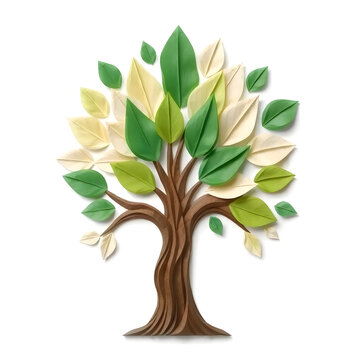 A digital illustration of a tree of life symbol, a root within a circle, rendered in layered paper cut style with sculpted textures art illustration design